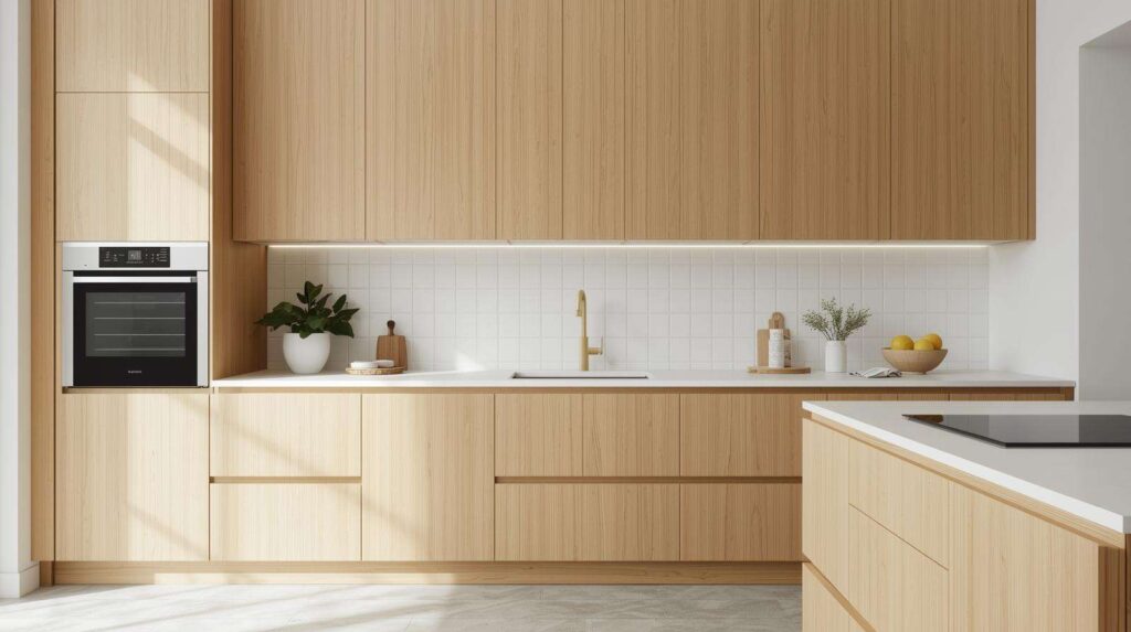 minimalist wooden kitchen with white tiles backsplash
